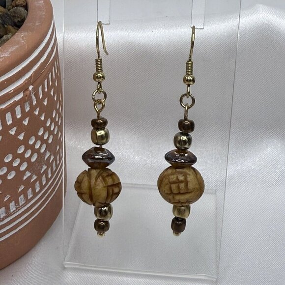 Reimagined Tan Glass and Wood Bead Earrings - Picture 4 of 5